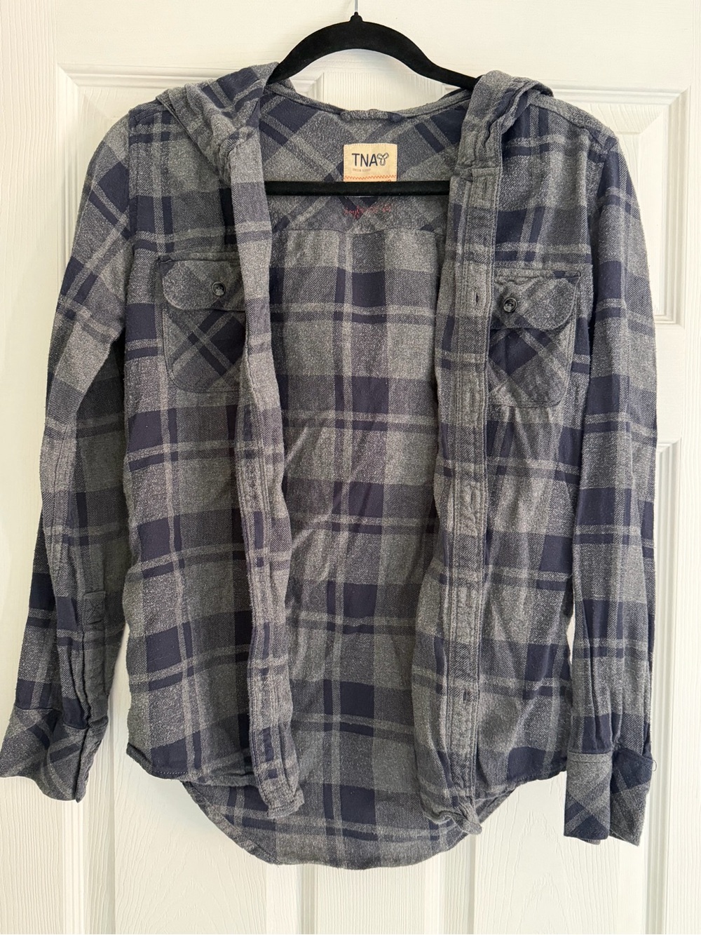 *2 for 20* TNA Navy and Gray Plaid Flannel Hooded Button-Down Shirt